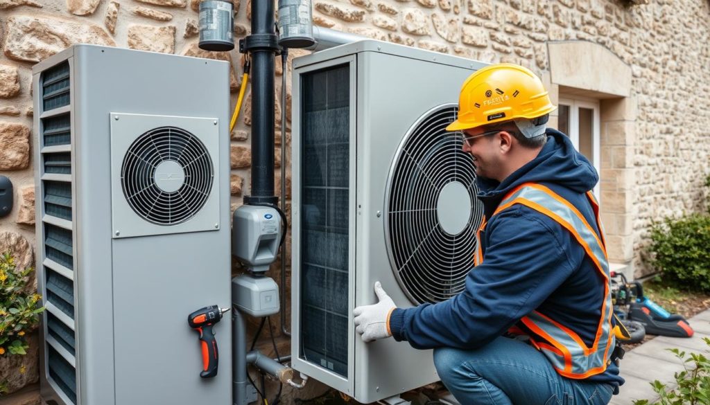 Installation professionnelle d'une pompe à chaleur en France par un technicien certifié Installation professionnelle d'une pompe à chaleur en France par un technicien certifié