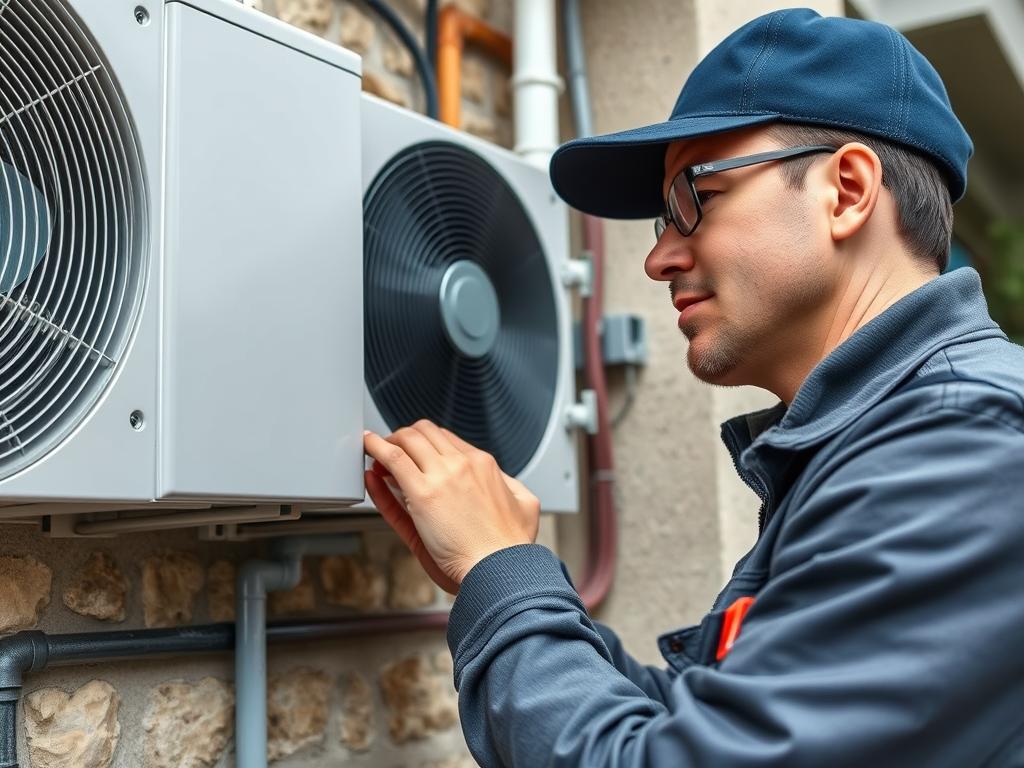 Technicien réalisant l'installation d'une pompe à chaleur air-eau en France Technicien réalisant l'installation d'une pompe à chaleur air-eau en France